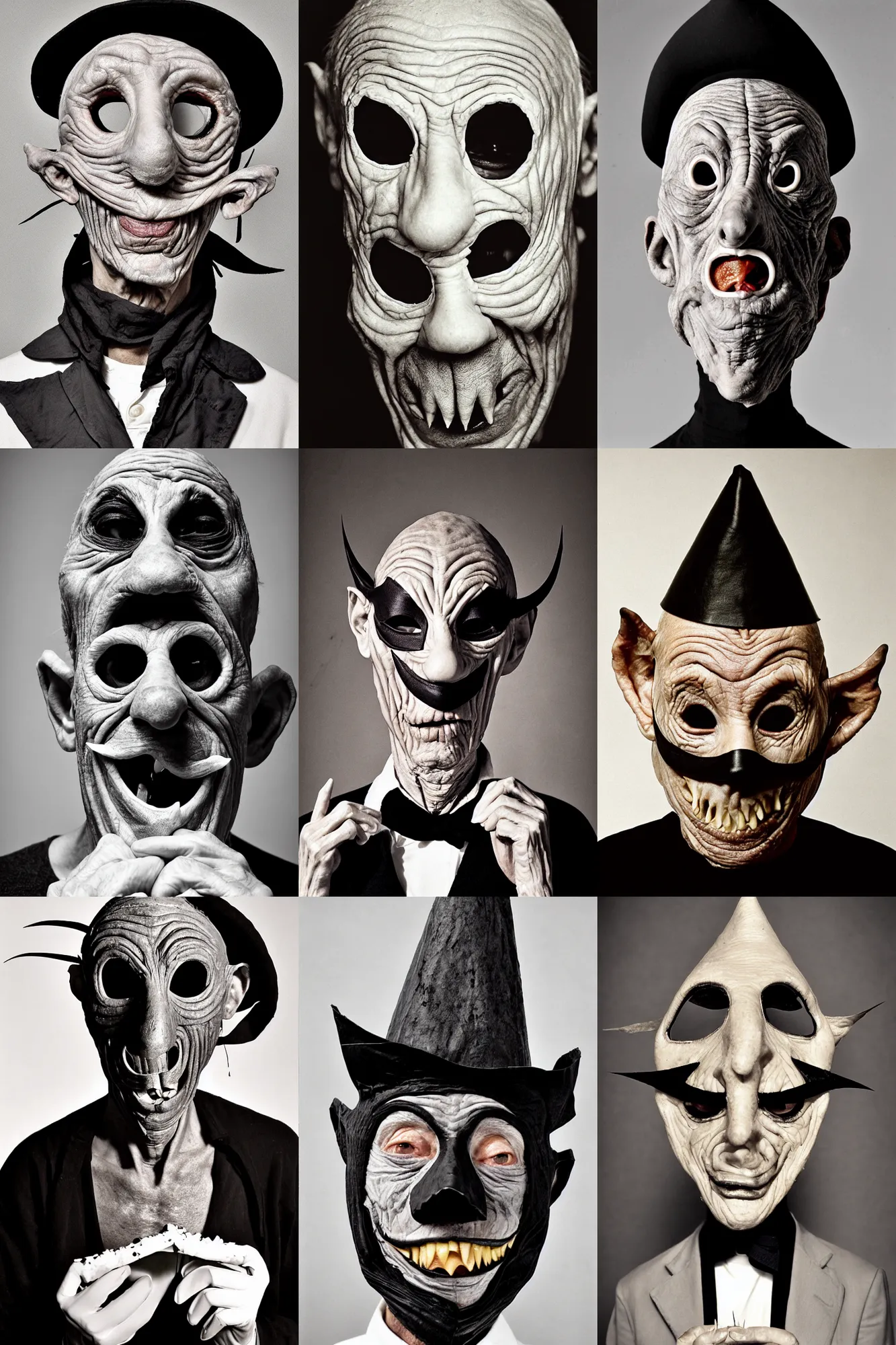 Prompt: portrait photo of an old wrinkled man, skinny face, bony face, long crooked nose, large gaping mouth, black pulcinella mask, masquerade mask, pointy conical hat, white wrinkled shirt, eats pizza, presents pizza, close - up, skin blemishes, menacing, intimidating, masterpiece by herb ritts