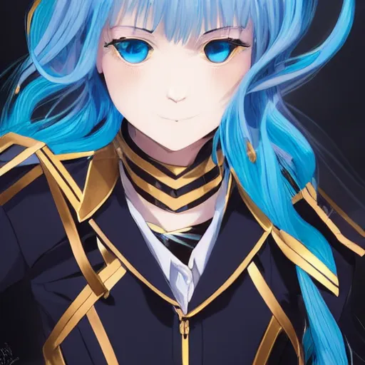 Image similar to profile shot of rimuru tempest looking forward, sky blue hair, ponytail, long bangs, gold eyes, black jacket with white stripes and a high collar, highly detailed, roman city, concept art, shutterstock, cinematic, wlop | artgerm, pixiv, ilya kuvshinov, greg rutkowski, yoshitaka amano