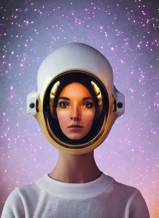 Prompt: photograph portrait of a very pretty!!! woman! symmetric face, petzval lens. out of focus, futuristic helmet. look at the camera. in an very detailed gold astronaut costume, led lights reflections. space. by alesio albi and george lucas and stanley kubrick