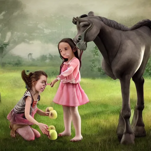 Image similar to a portrait of a little girl feeding an apple to a skeleton horse, the girl looks happy and have bright eyes and a porcelain face, matte painting 3 d watercolour rendering,