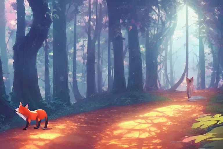 Image similar to an anthropomorphic fox traveler walks along an endless path amongst a towering forest, anime key visual, lois van baarle, ilya kuvshinov, rossdraws, artstation, furaffinity