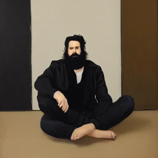 Prompt: a man with black hair and beard, wearing a black jacket, white shirt and jeans, sitting in an empty white room, devastated, highly detailed painting, 8 k