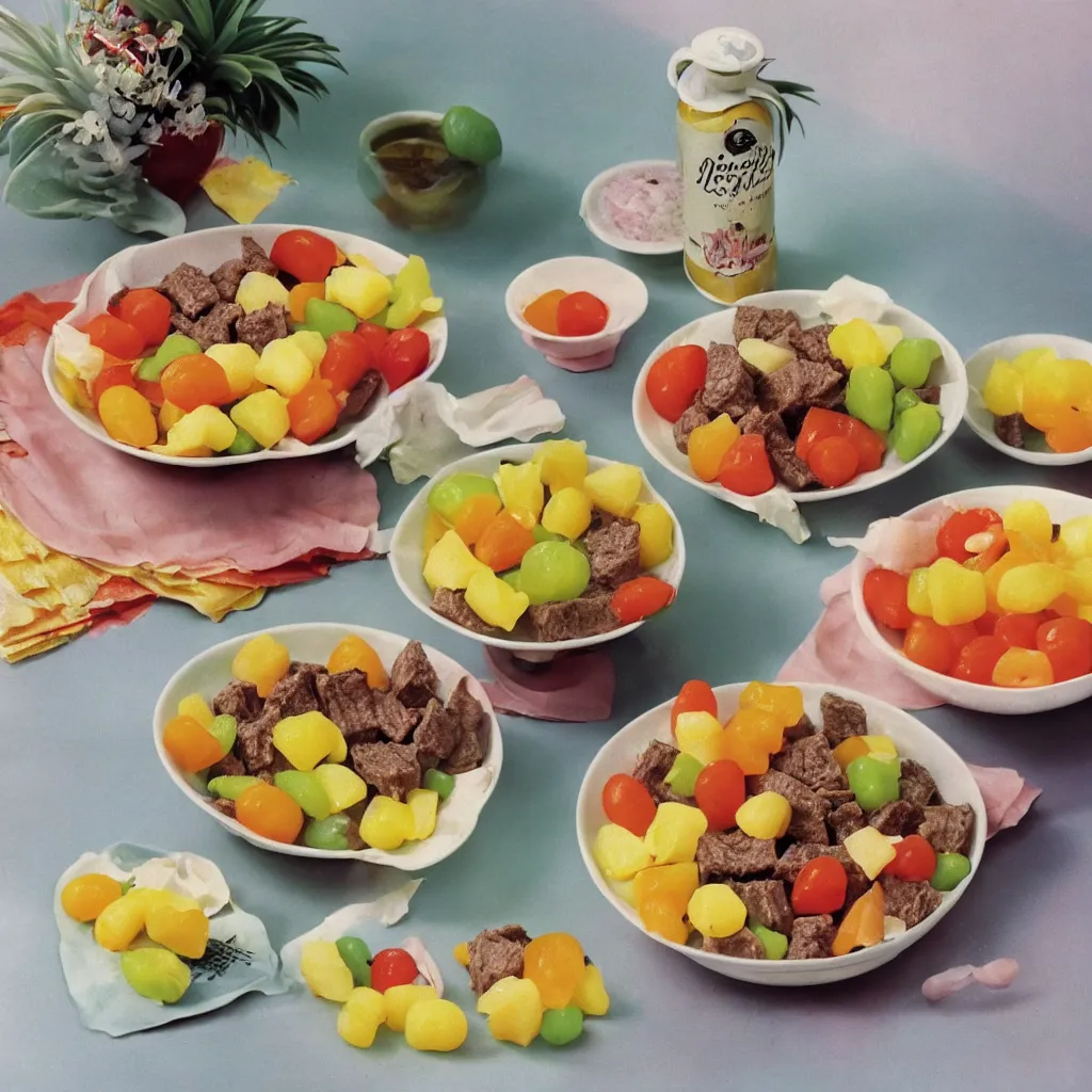 Prompt: a dreamy photo of beef salad and pineapple jelly babies, 1976