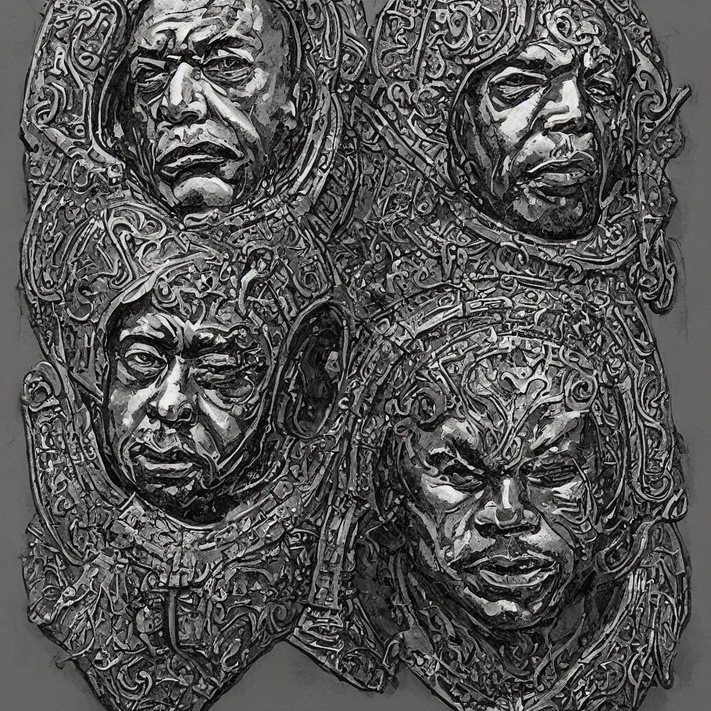 Prompt: Stunning cartooned art nouveau bust portrait of James Earl Jones as Thulsa Doom in scratchy rune-carved armor, with metallic art nouveau shield designs, by Bernie Wrightston and Mike Mignola, deep atmospheric colors, sinister ambience, malevolent countenance, determination, dominance, confidence, mixed media painting, accurate symmetrical facial details, perfect symmetry, sumerian, roman, egyptian, medieval, Karol Bak