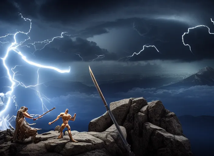 Image similar to zeus fighting chronos with a spear of lightning at the top of mount olympus. mythology style. highly detailed 8 k. intricate. lifelike. soft light. sony a 7 r iv 5 5 mm. [ cinematic post - processing ].