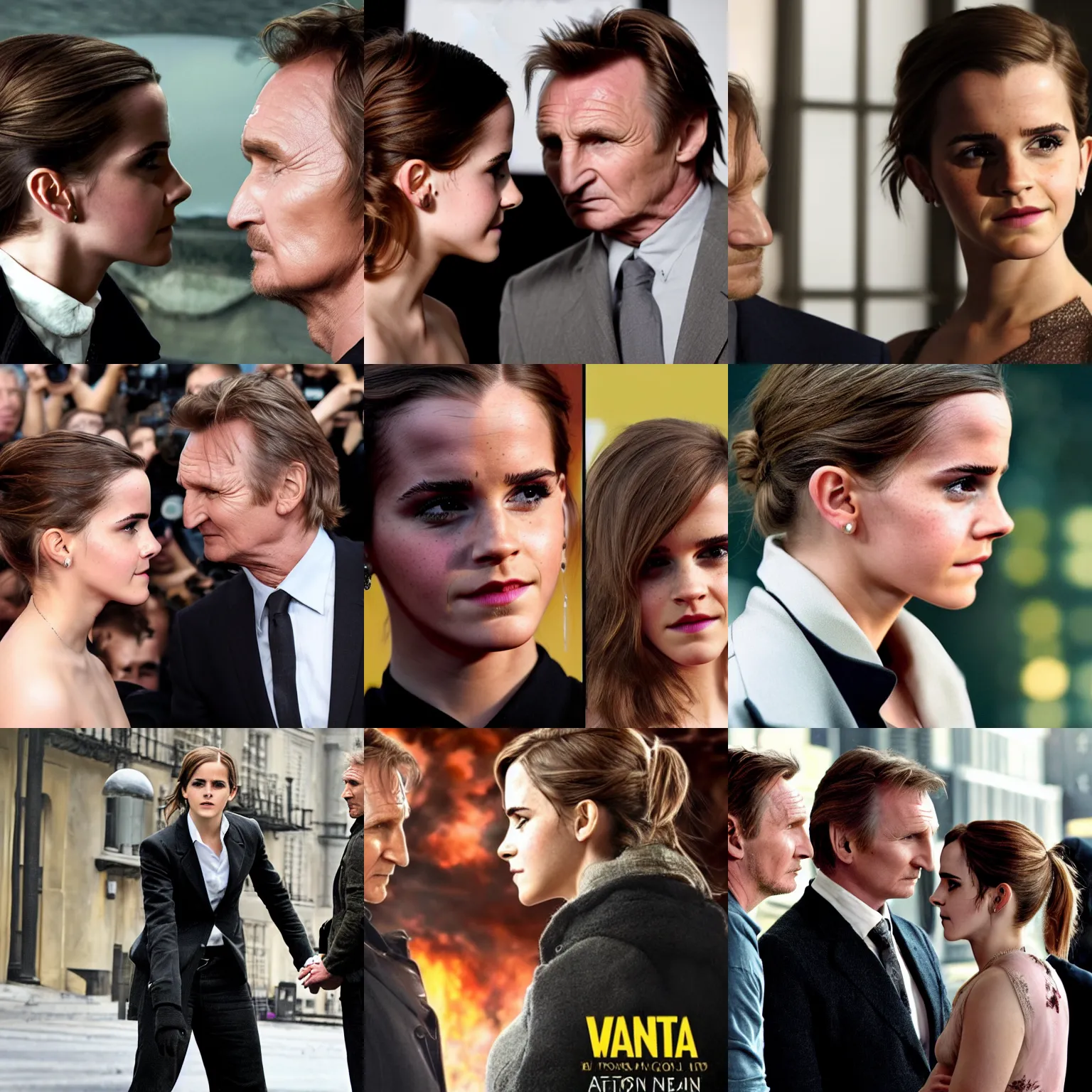 Prompt: side view of emma watson facing liam neeson, action movie poster