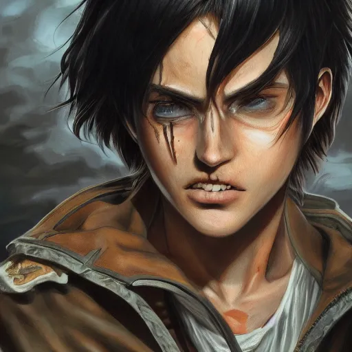 Prompt: eren yeager concept art, detailed oil painting, highly detailed, highly accurate, deep aesthetic, 8 k, highly ornate intricate details, cinematic lighting, rich colors, ray tracing, hyperrealistic, photorealistic, cinematic landscape, trending on artstation,