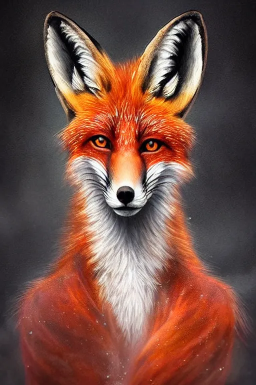 Image similar to majestic and regal portrait of a beautiful young female fox lady!!, fox ears, tail, intricate, epic, elegant, menacing, fantasy, highly detailed, digital painting, hard focus, beautiful volumetric lighting, epic light, ultra detailed, souls, smoke, by leesha hannigan, ross tran, thierry doizon, kai carpenter, ignacio fernandez rios