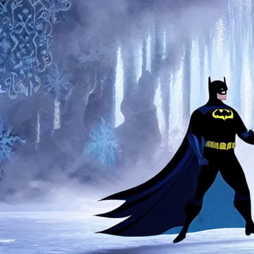 Prompt: Batman as Elsa in the movie Frozen