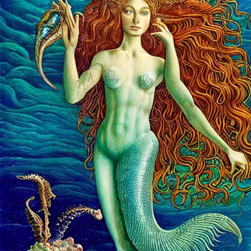 Image similar to intricate detail, gilbert williams and sandro botticelli portrait of tan sumerian mermaid goddess atargatis, with aqua neon rapunzel dreadlocks adorned in seashells, near crystal temple in atlantis, iridescent dolphins swimming in the sea, unicorn flying in the sky, paleozoic atlantis