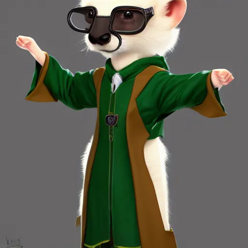 Image similar to a anthropomorphic ferret is dressed as a hogwarts student in slytherin robes, hyperdetailed, artstation, cgsociety, 8 k