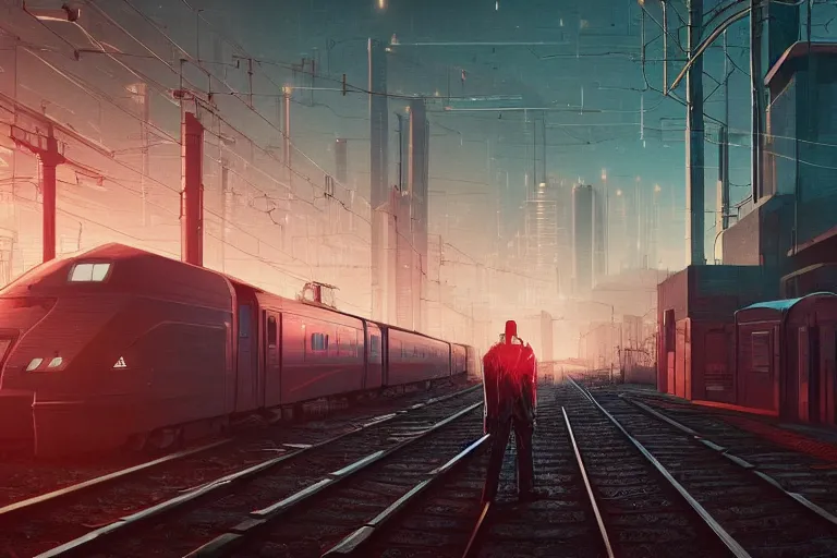 Image similar to a man standing in front of a train on a train track, cyberpunk art by mike winkelmann, trending on cgsociety, retrofuturism, reimagined by industrial light and magic, darksynth, sci - fi