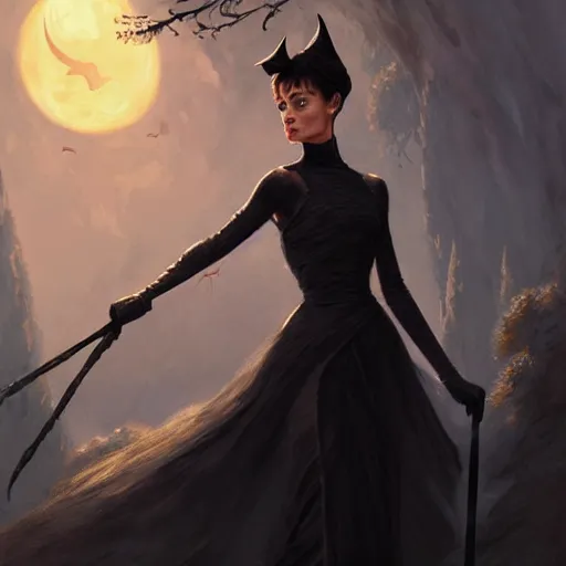 Image similar to audrey hepburn as a witch in an epic fantasy novel, various backgrounds, intricate, elegant, highly detailed, digital painting, artstation, matte, illustration, art by artgerm, greg rutkowski