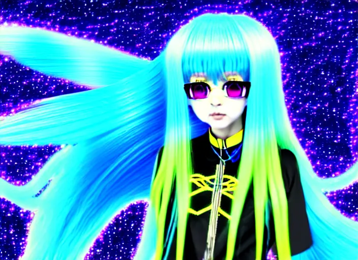 Image similar to a hologram of rimuru tempest, sky blue hair, golden yellow eyes, wearing black stylish clothing, holography, irridescent, baroque visual kei decora art pixiv 3 d render