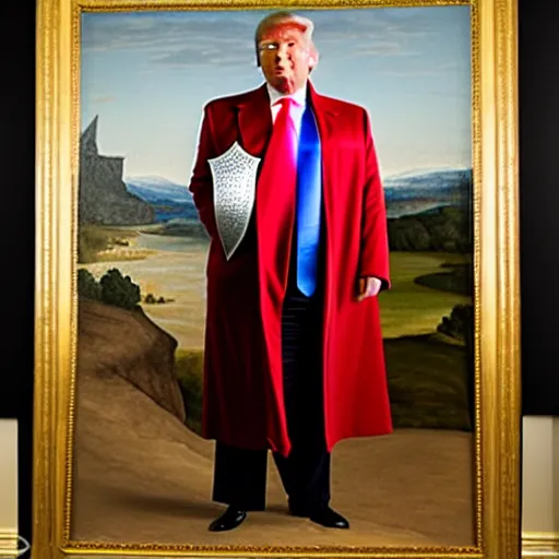Prompt: full - body - front - shot, donald trump, knight'armor, crown, renaissance painting of a knight,