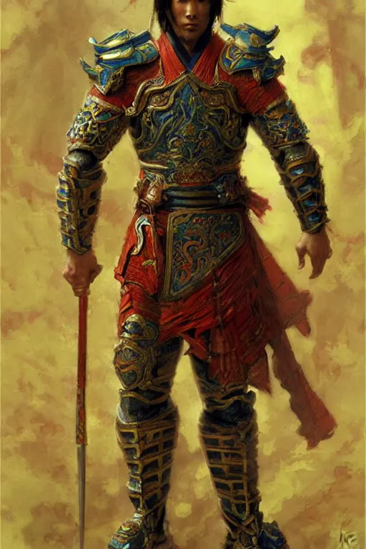 Prompt: attractive muscular male with armor and clothes, tang dynasty, character design, colorful paint, sweat, painting by gaston bussiere, craig mullins, j. c. leyendecker