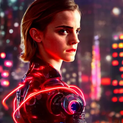 Prompt: photo of emma watson as a cyborg in a cyberpunk city full of multicolor lights, red color scheme, bloom, bokeh, depth of field, robotic limbs, mid full shot, 8k, highly detailed skin, highly detailed face