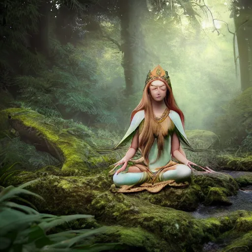 Image similar to elven princess meditating in forest, digital art, octane render, ultra detailed, intricate, sacred geometry, serene, beautiful, photo, realistic, perfect, smooth, 8k