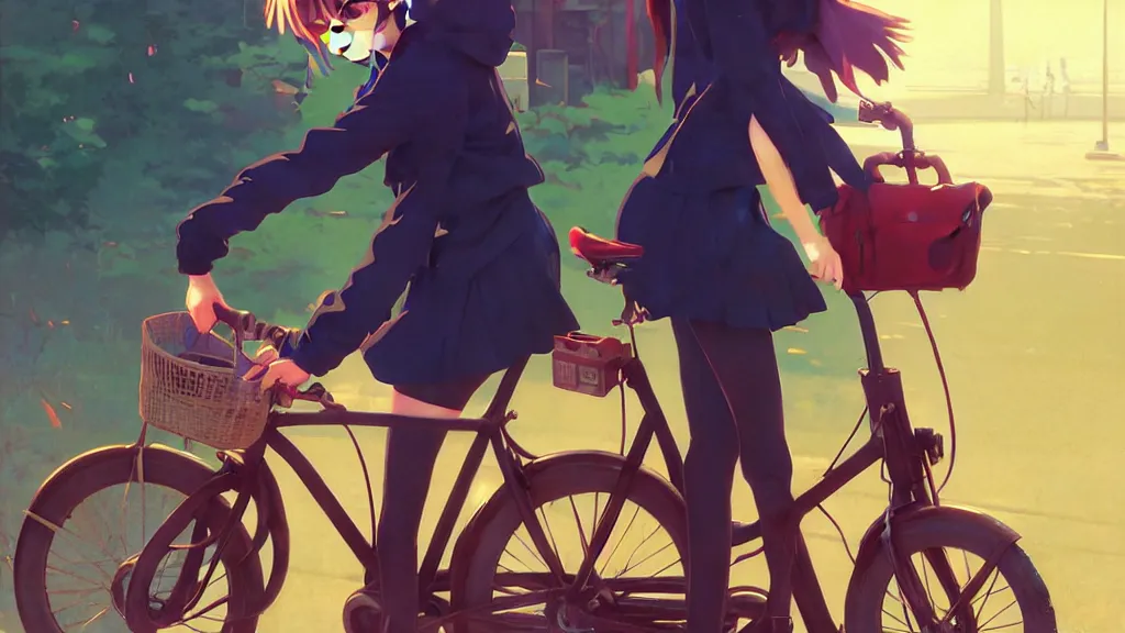 Image similar to anime noon scene, high detail concept art, perfect proportions fine face, girl with vintage bike, avant designer uniform, vivid colors, realistic shaded lighting poster fantasy art ilya kuvshinov, sakimi, jeremy lipking and michael germash, makoto shinkai, loish and clamp style, best selling artist