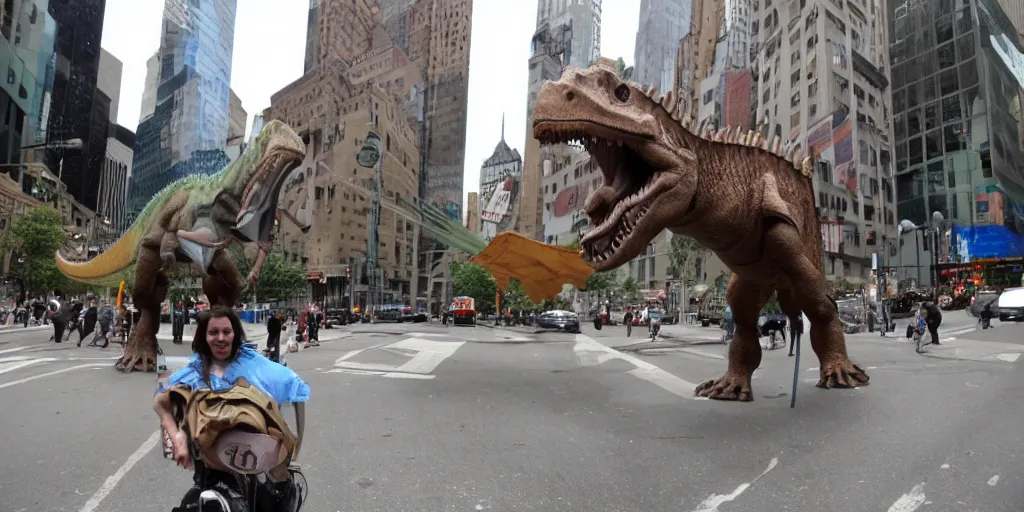 Image similar to Jesus riding on a dinosaur in downtown Manhattan