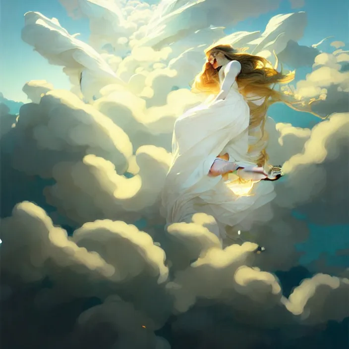 Image similar to style artgerm, joshua middleton, jeremy lipking, soft castle in the sky white with gold, majestic spires, clouds swirling, detailed, sky setting, volumetric lighting