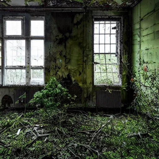 Image similar to an abandoned hospital overgrown and reclaimed by nature, Russian abandoned hospital