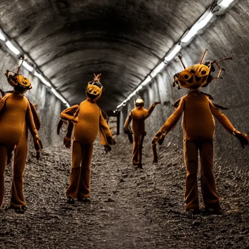 Image similar to cinematic photo of humans wearing realistic ant costumes in an underground dirt tunnel. several tunnel exits lead off in different directions.