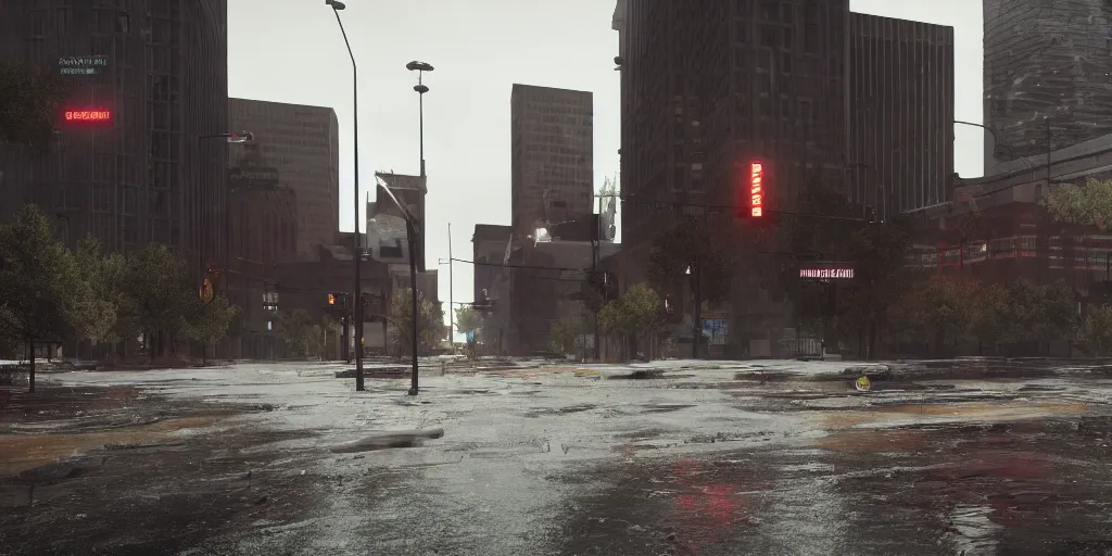 Prompt: anarcho - pacifist downtown denver with heavy rain, cinematic, ultra - realistic, ultra - detailed, octane render, unreal engine 5, depth of field