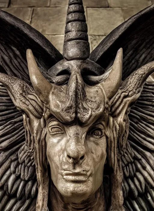 Image similar to closeup portrait of baphomet in the cloisters, depth of field, zeiss lens, detailed, symmetrical, centered, fashion photoshoot, by Annie Leibovitz and Steve McCurry, David Lazar, Jimmy Nelsson, Breathtaking, 8k resolution, extremely detailed, beautiful, establishing shot, artistic, hyperrealistic, beautiful face, octane render