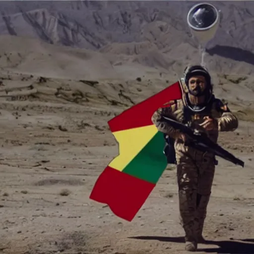 Image similar to kurdish astronaut holding a kurdistan flag in a movie directed by christopher nolan, movie still frame, promotional image, imax 7 0 mm footage