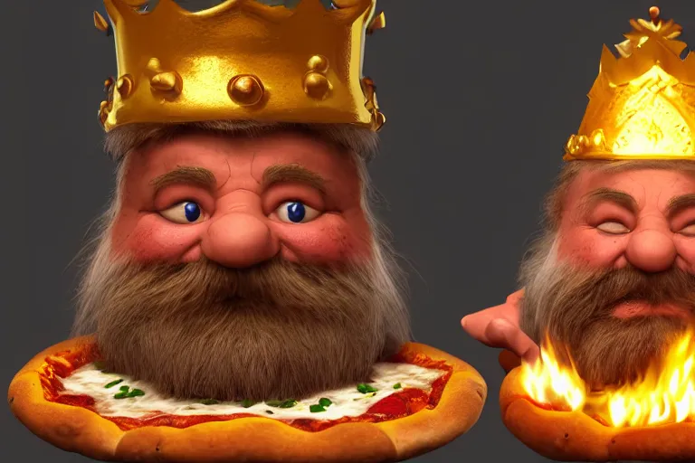 Prompt: 3 d render of a dwarf character who is a king, wearing golden crown, pizza topping, burning in a wood fired oven, cooking pizza, highly detailed octane render, artstation, surrealism, pixar