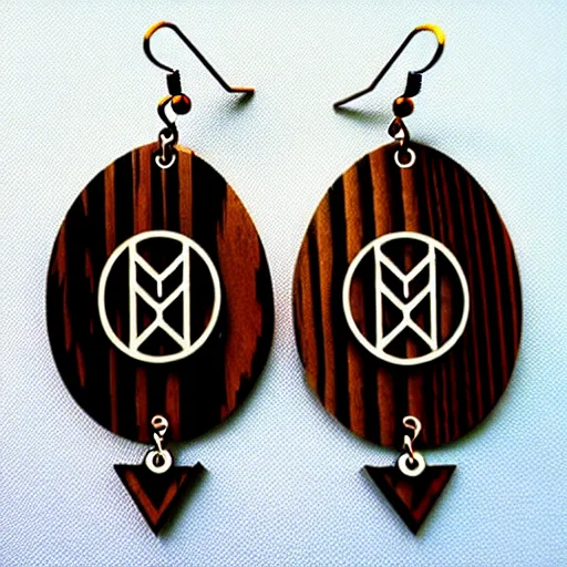 Image similar to 2 d wood lasercut earrings, mystical symbols, 8 k, hd, trending on amazon on artstation, trending on deviantart, trending on etsy, epic digital art