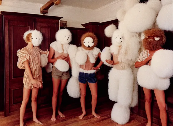 Image similar to realistic photo of the people wearing wooden fluffy hairy masks, white fluffy cotton shorts, polished and fancy, standing in the wooden room full of wooden furniture 1 9 9 0, life magazine reportage photo