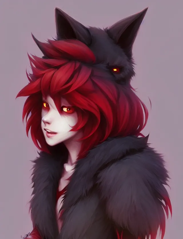 Image similar to character concept art of a black anthropomorphic male furry wolf long red hair | | cute - fine - face, pretty face, key visual, realistic shaded perfect face, fine details by stanley artgerm lau, wlop, rossdraws, james jean, andrei riabovitchev, marc simonetti, and sakimichan, trending on artstation