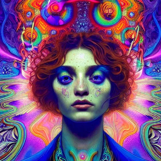 Image similar to An extremely psychedelic experience, reality bending, morphing, transforming, colorful, surreal, magic mushrooms, psilocybin, LSD, face, detailed, intricate, elegant, highly detailed, digital painting, artstation, concept art, smooth, sharp focus, illustration, art by Krenz Cushart and Artem Demura and alphonse mucha