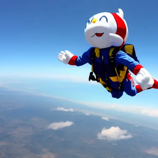 Image similar to photo of super fat doraemon skydiving while waving at the camera