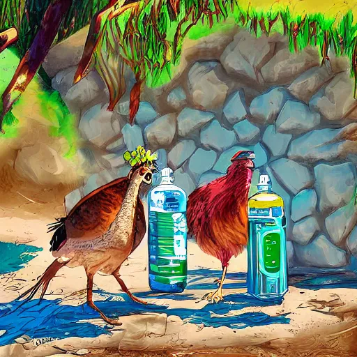 Prompt: two turkey's in africa fighting over water bottle, cartoon art, detailed, colorful, digital painting,