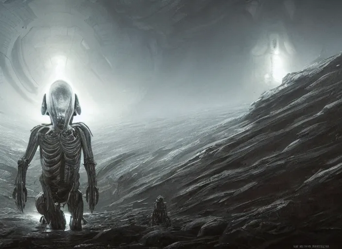 Prompt: cinematic artwork of an alien by hr giger staring down the enemy on the battlefield by Greg Rutkowski, 4k, masterpiece