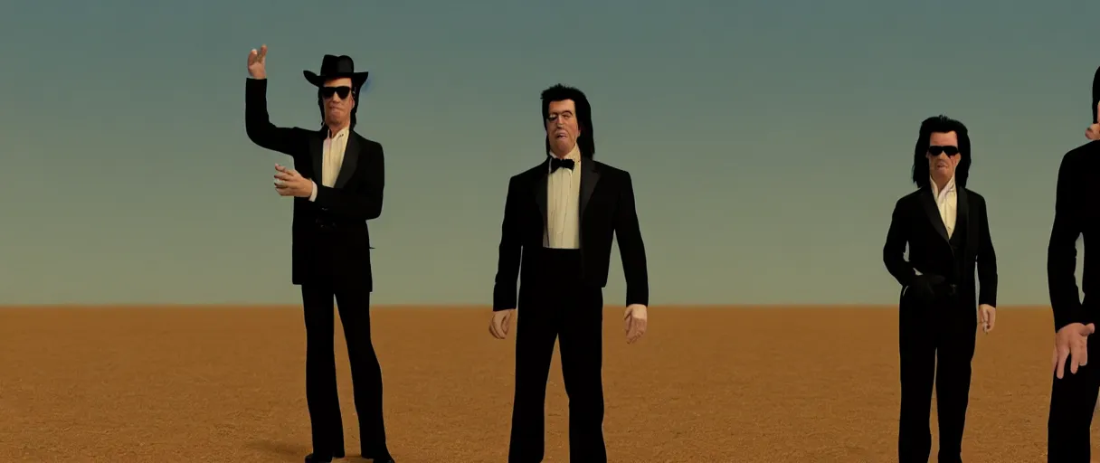 Image similar to john travolta as vincent vega suprised gesture nobody there ghost town tumbleweed bushes on ground shrugging hand at waist level. standing in black suit high noon golden ratio, 4 k, detailed, art by jamie hewlett and greg rutkowsky, trending on artstation, cinematic lighting, filmic grain, golden hour, detailed, 4 k