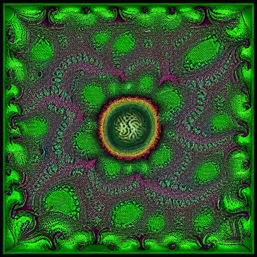 Prompt: fractal rosebuds flowing around a green dragon