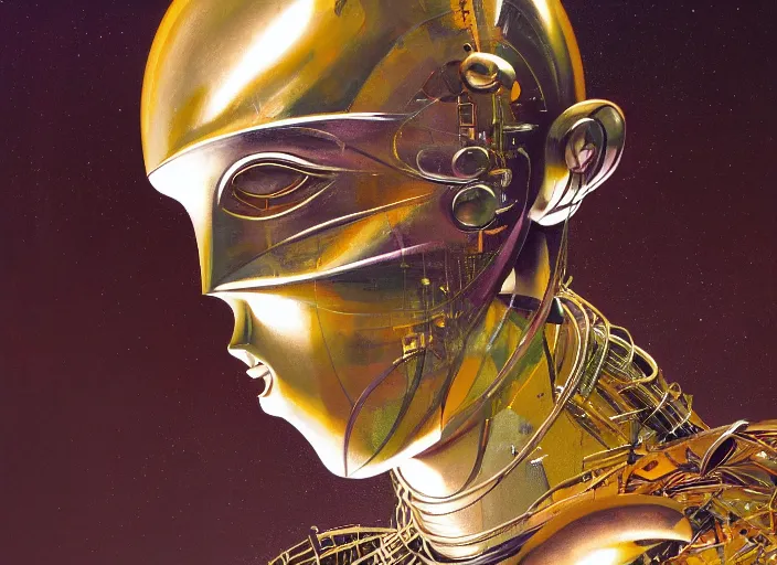 Image similar to asymmetrical portrait headshot of sci fi metallic human, bright eyes, melancholic complex geometric figure liminal biomechanical by oskar schlemmer, moebius, john berkey, film grain, oil on canvas, portrait facial head, featured on artstation, hd wallpaper, 8 k, bright colors, global radiant light