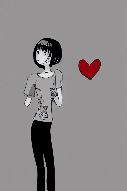 Image similar to portrait of a girl in long pants and a top, hands in pockets, eyes closed, red color heart shaped tattoo on the right hand, bob haircut, digital art, black and white, minimalistic illustration by junji ito and kaoru mori