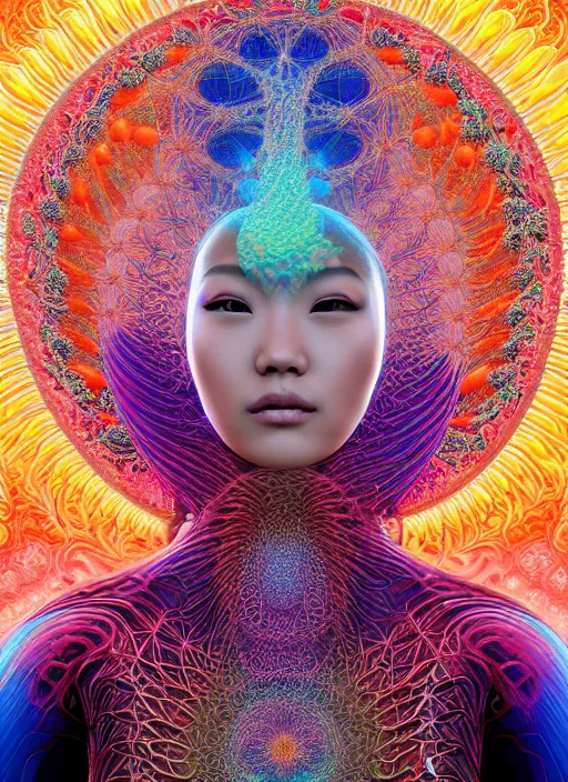 Prompt: ridiculously beautiful young asian woman tripping, 3 d layers of coral and light fractals radiating behind with sacred geometry, cosmic, natural, awakening, symmetrical, in the style of ernst haeckel and alex grey, effervescent, warm, photo realistic, epic and cinematic