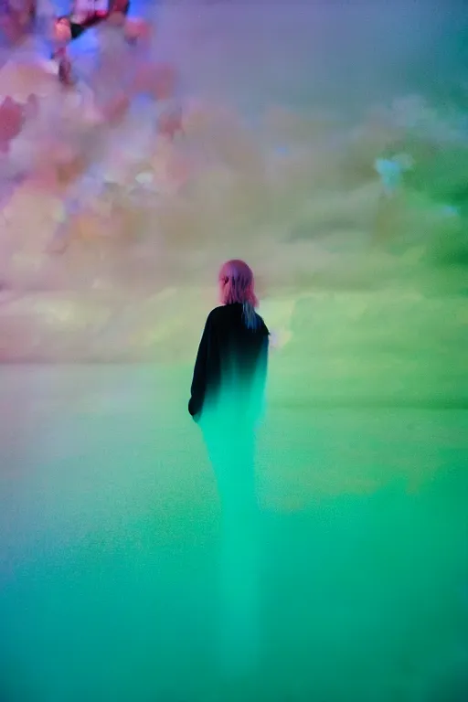 Image similar to high quality pastel coloured film close up wide angle photograph of a model wearing clothing swimming on cloud furniture in a icelandic black rock!! environment in a partially haze filled dreamstate world. three point light, rainbow. photographic production. art directed. pastel colours. volumetric clouds. pastel gradient overlay. waves glitch artefacts. extreme facial clarity. 8 k. filmic.