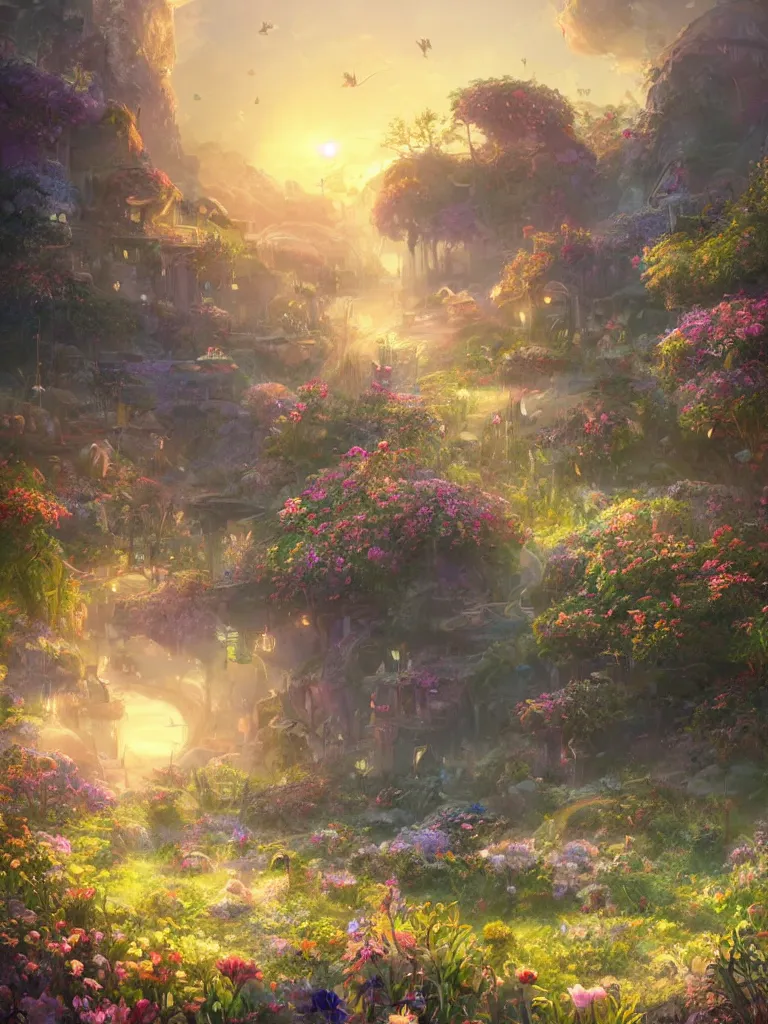 Prompt: a dream flower garden near a seaside spaceport environment where one draws mystical energy into their lives, background art, pristine concept art, small, medium and large design elements, golden hour, in the style of WLOP and Ross Tran