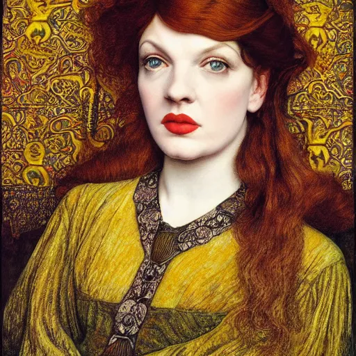 Image similar to preraphaelite portrait photography masterpiece hybrid of judy garland and florence welch, reclining, william holman hunt, ford madox brown, brown hair fringe, yellow ochre ornate medieval dress, william morris, framed 4 k