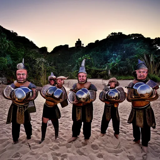 Image similar to A group of armoured Spanish conquistadors holding lanterns on a sandy beach Cove in middle of a magical forest in a dark night. Inca ruins in the background. Pale crescent moon in the sky. Award winning photography