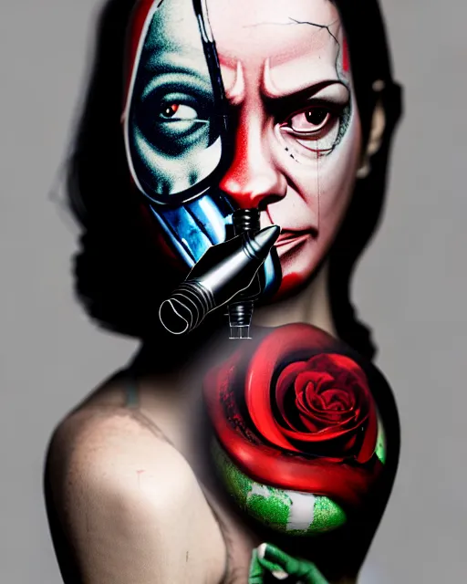 Prompt: a rogue agent wearing oxygen mask, has blood, rose, a pistol and a syringe needle with sea background intricate details with horror side profile by Sandra Chevrier in 8k render dramatic light