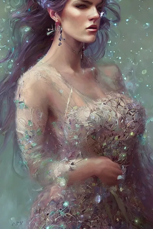 Image similar to portrait of beautiful fairy women clothed in beads and lace, by mandy jurgens, gorgeous, elegant