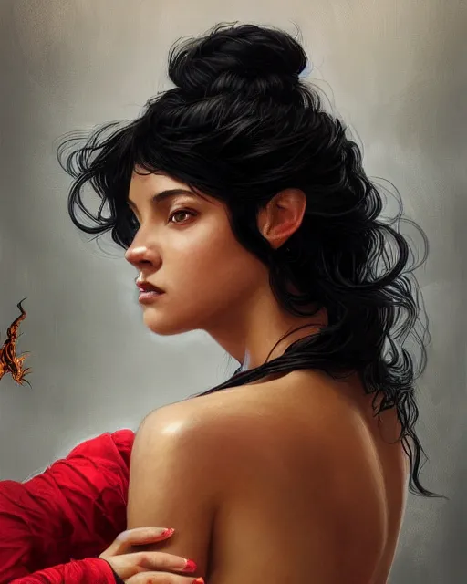 Prompt: Portrait of a black haired Goddess, holds a spark of all creation in her hands, a tiny red dragonlet, intricate dress, wide angle, intricate, elegant, overdetailed, professional digital painting, artstation, concept art, smooth, sharp focus, 8K, art by artgerm and greg rutkowski and alphonse mucha and loish and WLOP